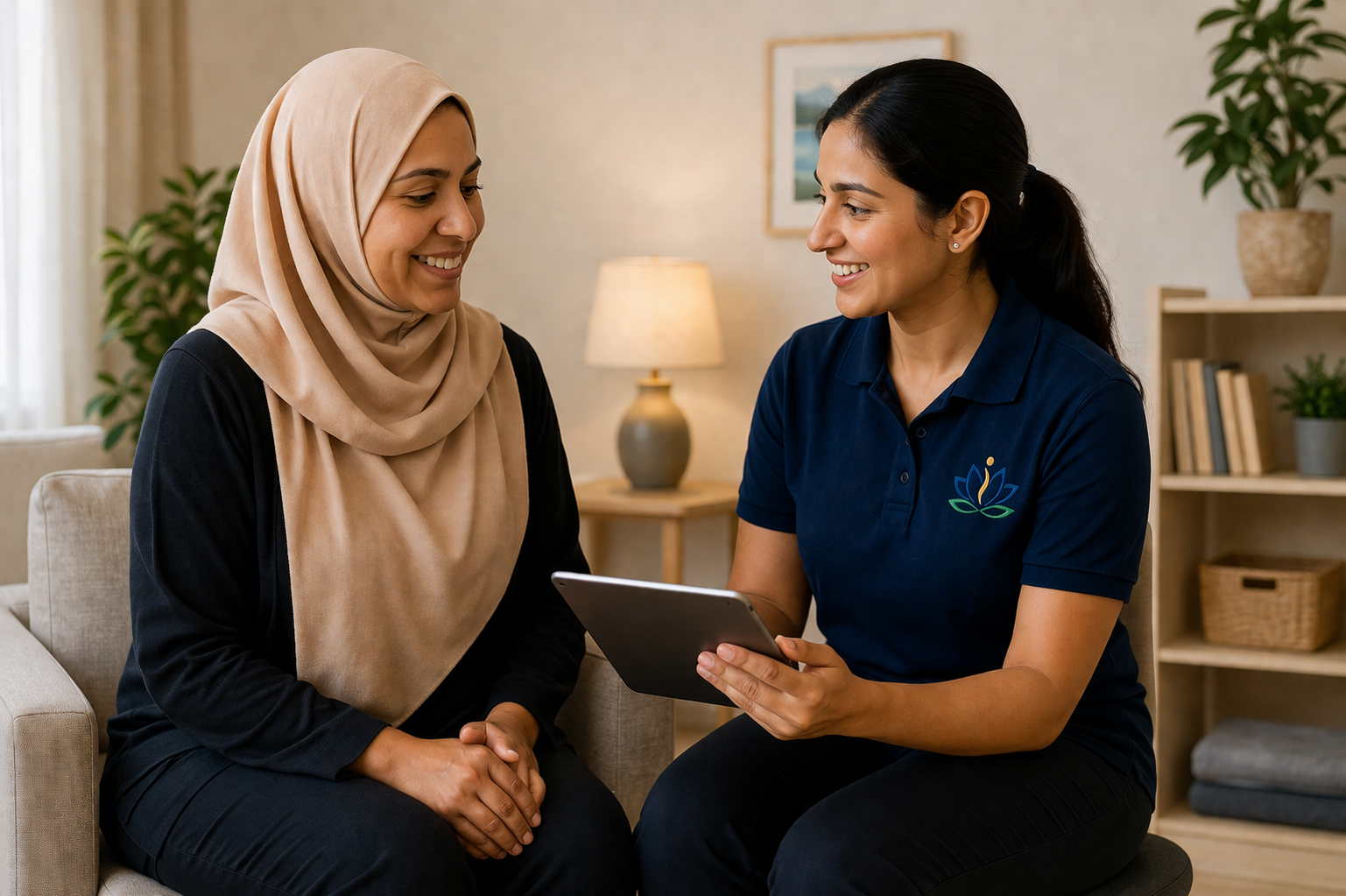 Physiotherapist reviewing a personalised care plan with a patient at home